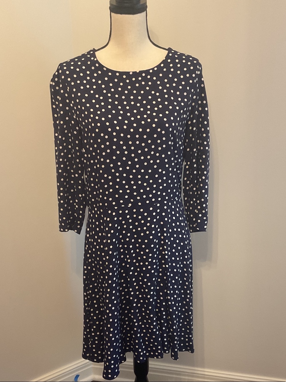 Three Dots Navy and Cream Polka Dot Long-Sleeve Fit & Flare Dress